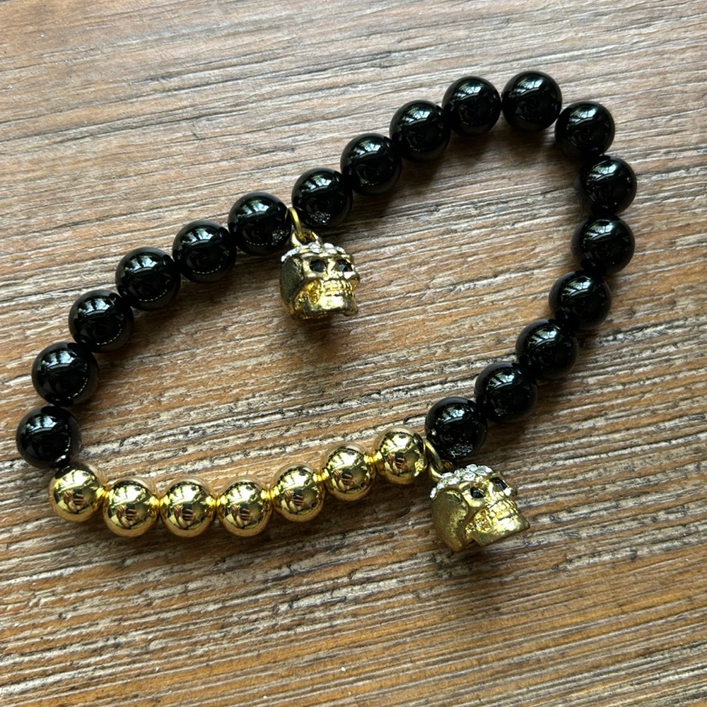 Beaded Skull Bracelet Black and Gold Rhinestone Halloween Day of the Dead Unisex
